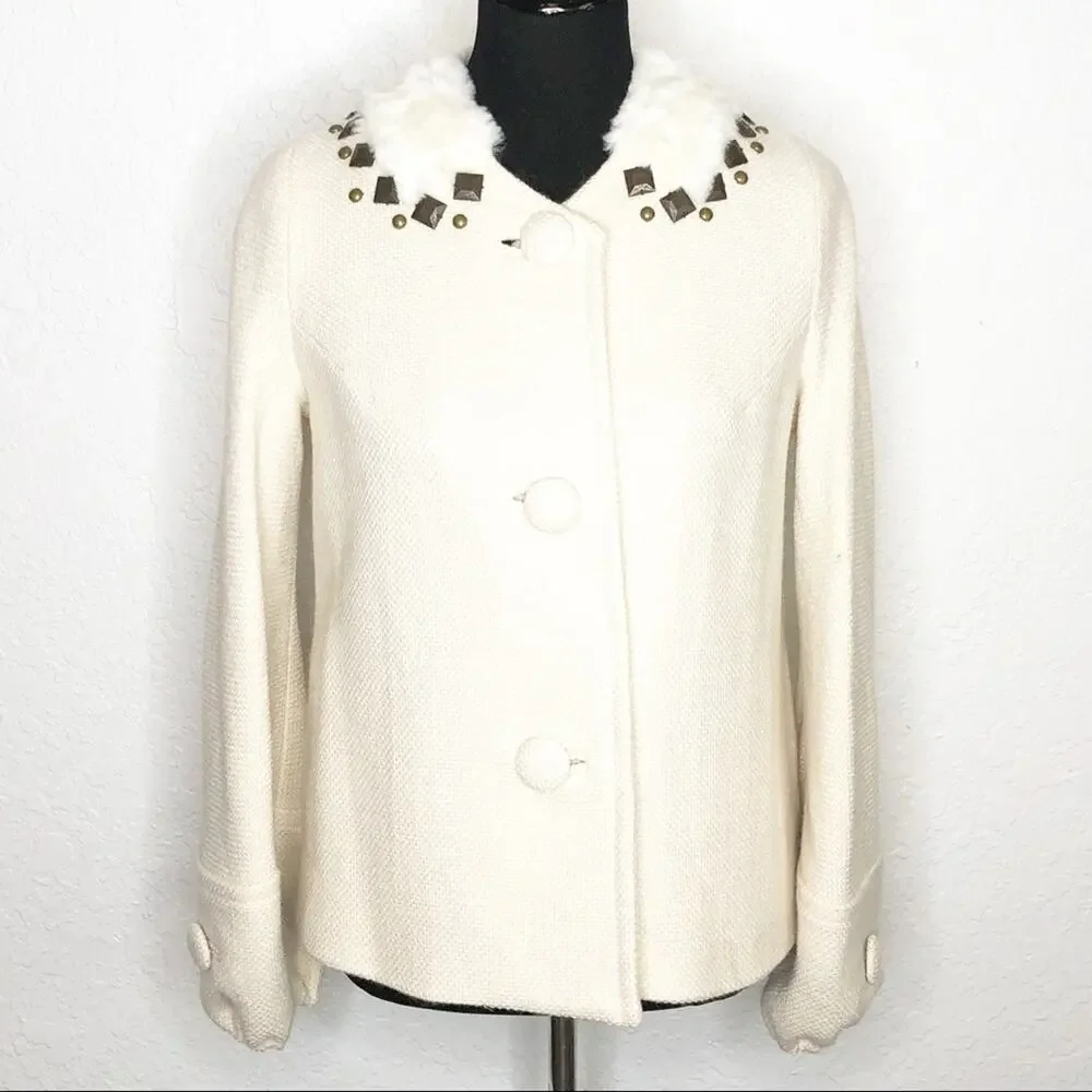 Rebecca Taylor cream tweed fur studded collar wool blend blazer size 6
